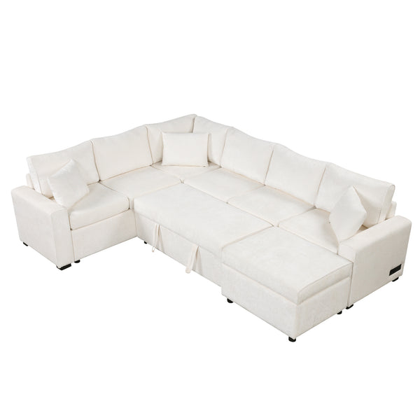 English Elm 112.2" Sectional Sofa Pull-Out Bed with Storage Ottoman, USB Charging, Pocket Spring Comfort, Tweed Chenille Upholstery Cream N719S001540A