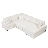 English Elm 112.2" Sectional Sofa Pull-Out Sofa Bed Sleeper With A Storage Ottoman,Three Pillows and Charging Devices For Living Room, Cream