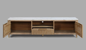 English Elm 1pc Modern Luxury Fluted Wood Facade TV Stand with Faux Marble Top, Brass Accents & Tapered Legs Natural Wood,White 20.25 L x 87 W x 24 H B2741P367181