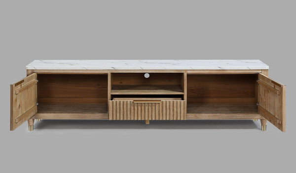 English Elm 1pc Modern Luxury Fluted Wood Facade TV Stand with Faux Marble Top, Brass Accents & Tapered Legs Natural Wood,White 20.25 L x 87 W x 24 H B2741P367181