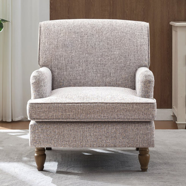 English Elm Vintage Linen Armchair with Rolled Arms and Turned Wood Legs — Plush Cushions, Sturdy Support, Timeless Accent for Living Spaces Coffee 29.84 L x 29.5 W x 18.42 H N701P326070N