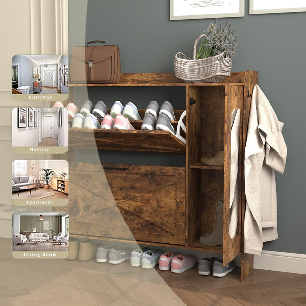English Elm Shoe Storage Cabinet with Mirror & 2 Flip Drawers, Narrow Freestanding Organizer with Metal Legs for Entryway, Rustic Brown W2129P299615