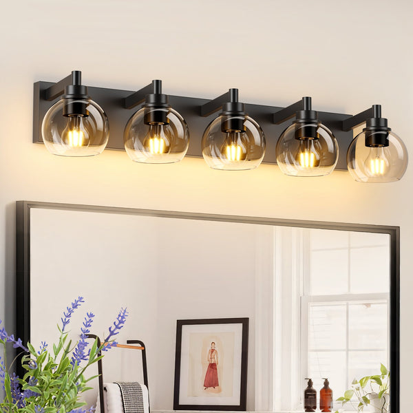 English Elm Bathroom Light Fixtures - 5-Lights Modern Black Vanity Sconce With Clear Glass Shades For Glam Spaces W1340P353041