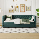 Twin Size Tufted Upholstered Daybed with Trundle, Green Velvet Sofabed, No Box-Spring