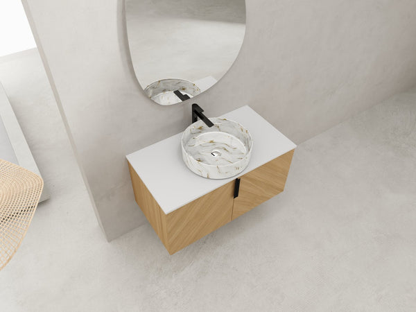 English Elm 36" Modern Bathroom Vanity With Ceramic Sink & Stone Slab, Wall-Mounted, Soft-Close Doors, Oak Finish W999S00450