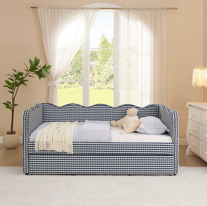 English Elm Cozy Twin Gingham Daybed with Trundle Sofa Bed, Linen Upholstery, USB Port, Wave Frame Design Navy W1413S00101