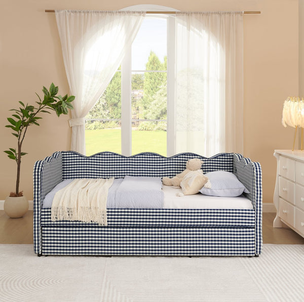 English Elm Cozy Twin Gingham Daybed with Trundle Sofa Bed, Linen Upholstery, USB Port, Wave Frame Design Navy W1413S00101