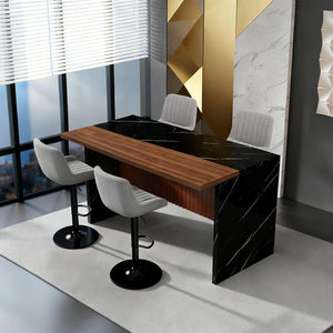 English Elm 63" Modern Kitchen Island Set With 4 Gray Bar Stools - Elegant Black Marble, Led Lights & Versatile Design W2699S00071