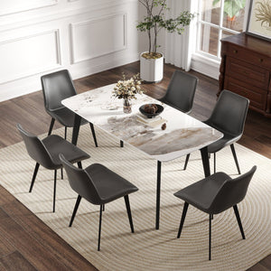 English Elm 62.99" Modern Artificial Stone White Dining Table With Curved Edges & Black Metal Legs For 6 People W1535S00517