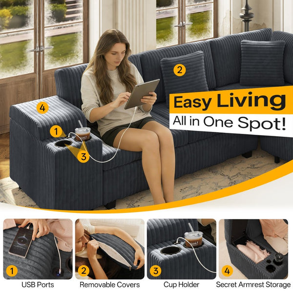 English Elm 110.2" Corduroy Sectional Sleeper Sofa with Ottoman Usb Ports Storage Armrests Living Room Dark Gray W3219S00012