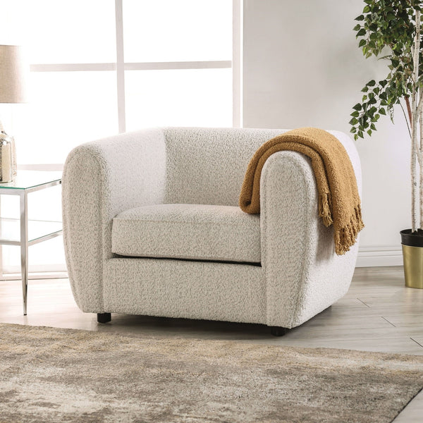 English Elm Box Tuxedo Bouclé Chair with Tall Arms Low Back High-Density Foam Wooden Legs Elegant Off-White B2741P378515