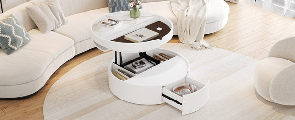 English Elm White Round Lift Coffee Table 29.5" with Marble-Wood Grain Top, Hidden Drawer Storage, Modern Durable Design N735P332429K