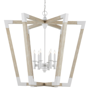 Bastian Sandstone Lantern - Elegant Arts & Crafts Inspired Chandelier in Sugar White and Wood Finish