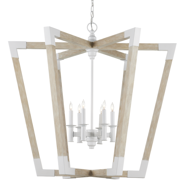 Bastian Sandstone Lantern - Elegant Arts & Crafts Inspired Chandelier in Sugar White and Wood Finish