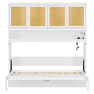 English Elm Twin Murphy Bed with Rattan Cabinet Doors Led Lighting and Usb Charging for Small Spaces White LP000740AAK