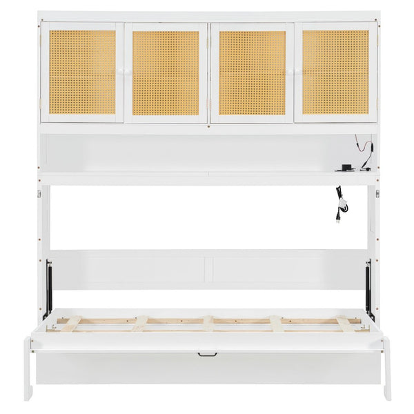 English Elm Twin Murphy Bed with Rattan Cabinet Doors Led Lighting and Usb Charging for Small Spaces White LP000740AAK
