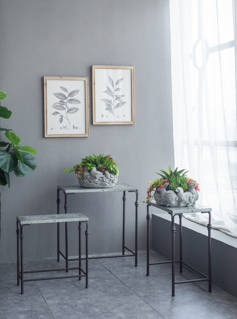 English Elm Set Gilbert Nesting Tables Metal Plant Stands - Galvanized Tops Iron Bases, Space-Saving Trio for Home Decor W2078P323699