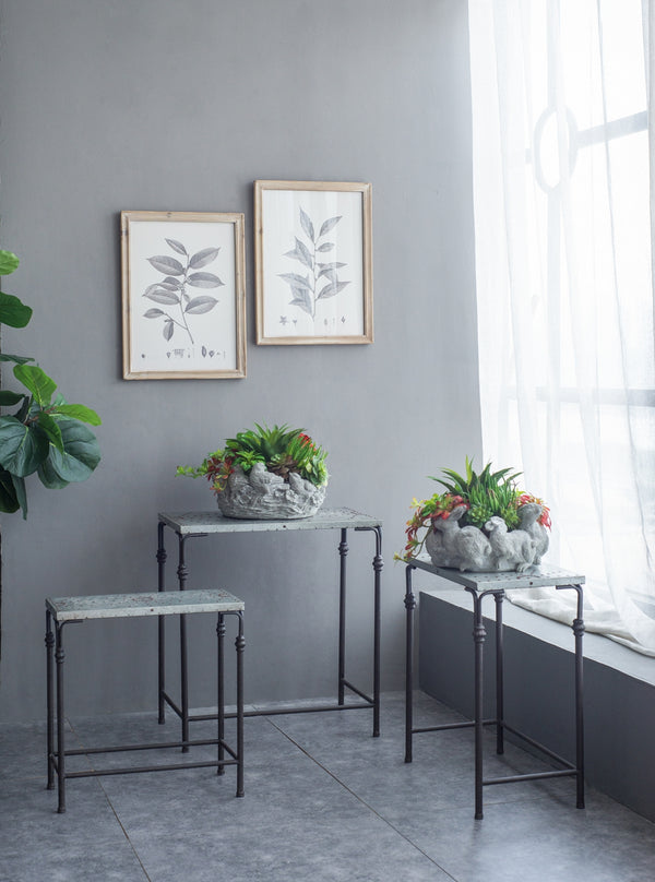 English Elm Set Gilbert Nesting Tables Metal Plant Stands - Galvanized Tops Iron Bases, Space-Saving Trio for Home Decor W2078P323699