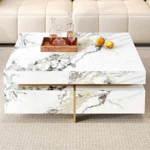 English Elm Modern Square Marble-Textured Coffee Table 43.3" White — Floating Pedestal Design, 4 Hidden Drawers, Durable Chic Storage CH350384AAK