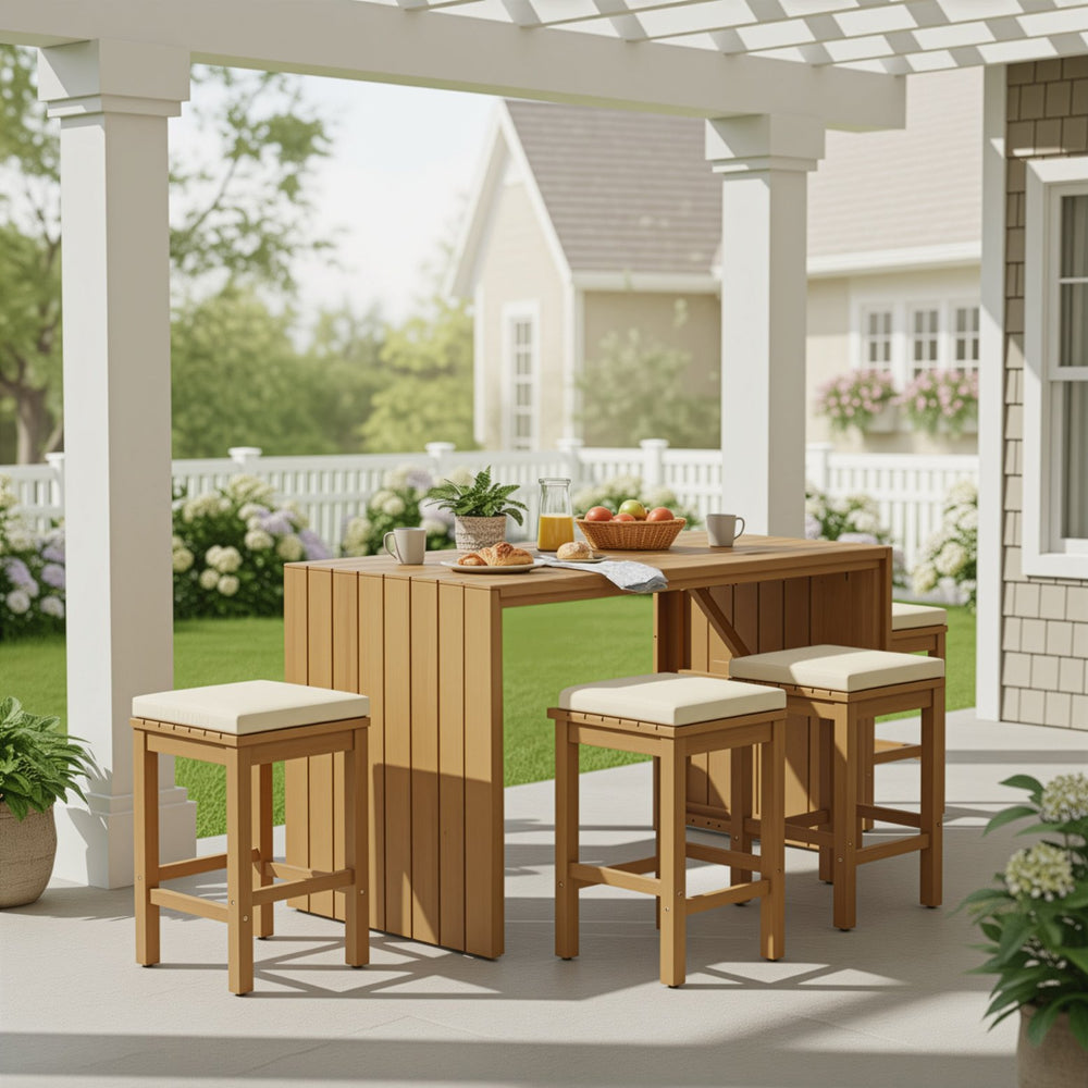 English Elm 5 Piece Outdoor Bar Set Acacia Wood Table & 4 Cushioned Stools, Removable Beige Cushions, Durable N704G201252A