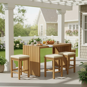 English Elm 5 Piece Outdoor Bar Set Acacia Wood Table & 4 Cushioned Stools, Removable Beige Cushions, Durable N704G201252A