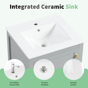 English Elm 20" Compact Bathroom Vanity Grey Mdf Cabinet Ceramic Sink Soft Close Storage N725P351851E