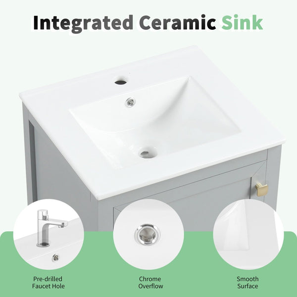 English Elm 20" Compact Bathroom Vanity Grey Mdf Cabinet Ceramic Sink Soft Close Storage N725P351851E