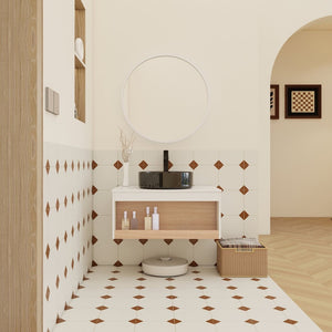 English Elm 30" Floating Wall Mount Bathroom Vanity Open Shelf Ceramic Vessel Sink Modern White White + Light Oak,White+Black W3450S00060