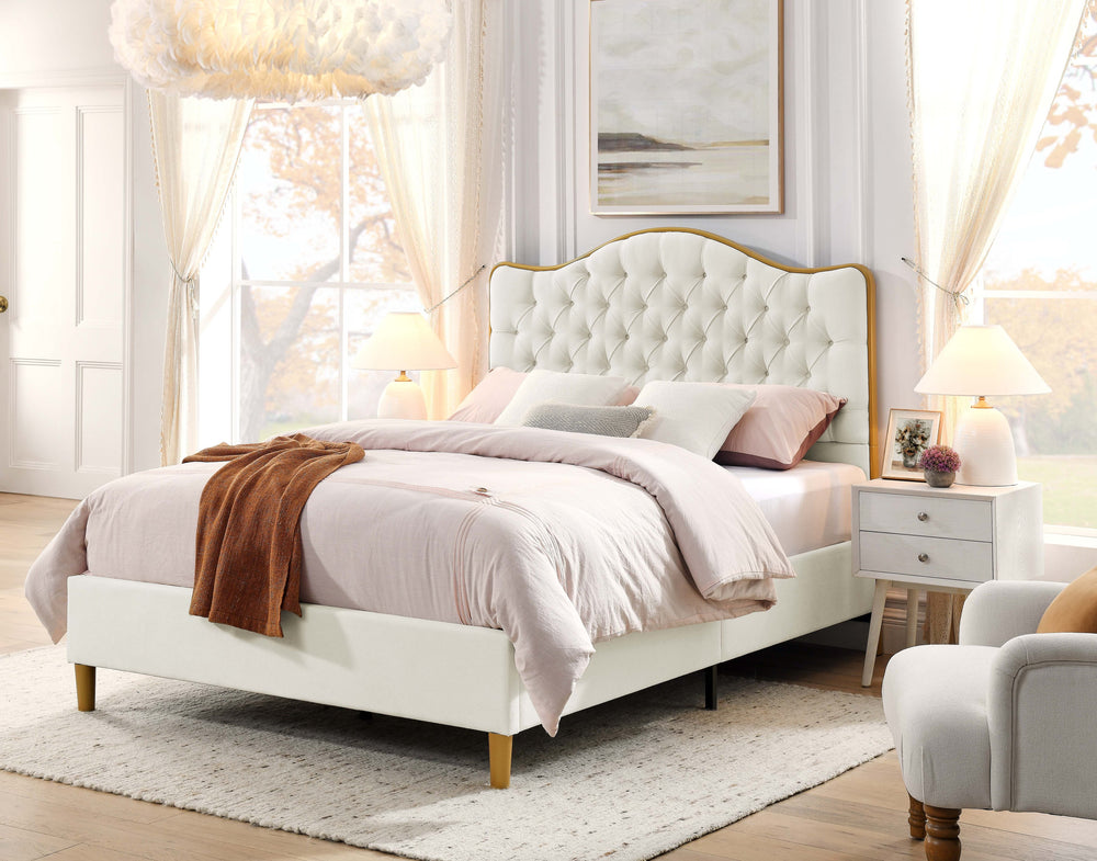English Elm Luxelegance Tufted Upholstered Queen Bed Frame with Curved Headboard, Sturdy Wood Frame & Plush Finish Beige B343P383335