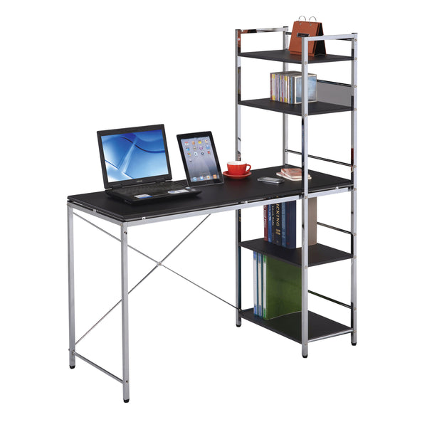 English Elm Black Black and Chrome Writing Desk with 4 Shelves, Steel Pipe Frame, Cross Base, Easy Assembly, Modern Storage Elegance B062P209207