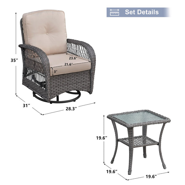 English Elm 3 Piece Outdoor Wicker Bistro Set with Swivel Rockers and Tempered Glass Table W1889P494796