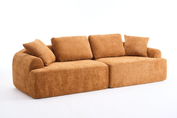 English Elm LY-024OR Plush 4-Seater Compression Sofa in Orange Crochet Yarn Fabric with 4 Pillows, Deep Seat Comfort W2231S00016