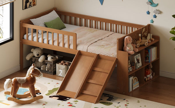 English Elm Twin Platform Kids Bed with Slide Ladder Guardrails Storage Shelf Wood Frame Walnut N733S415411M