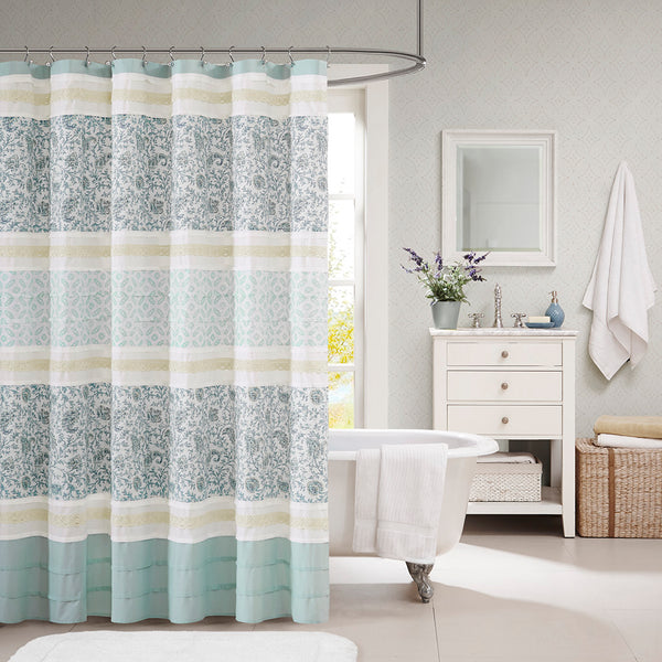 JLA Home Madison Park - Cotton Paisley Shower Curtain with Pin-Tucks and Lace Trim, OEKO-TEX Certified, 72x72 Inches Aqua MP70-2493