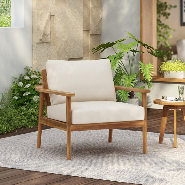 English Elm Christopher Knight Home® - Mid-Century Outdoor Lounge Chair Teak with Plush Cushions, Weather-Resistant Solid Wood for Patio Comfort N767P254923T