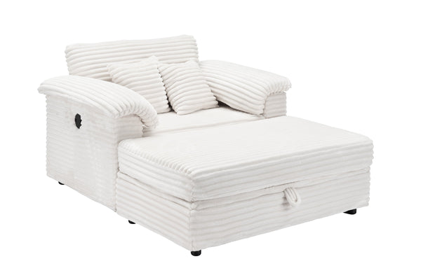 English Elm 47.24-inch corduroy armchair with storage ottoman and USB ports, spring seat, solid wood frame lounge White W3356S00024