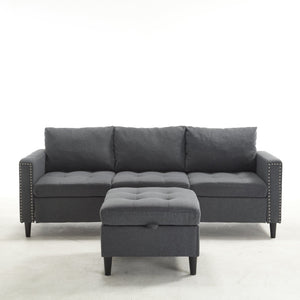 English Elm Small L-Shaped Sofa with Storage Ottoman and Side Pockets, Velvet 3-Seat Space-Saving Couch Dark Gray W2705P255386