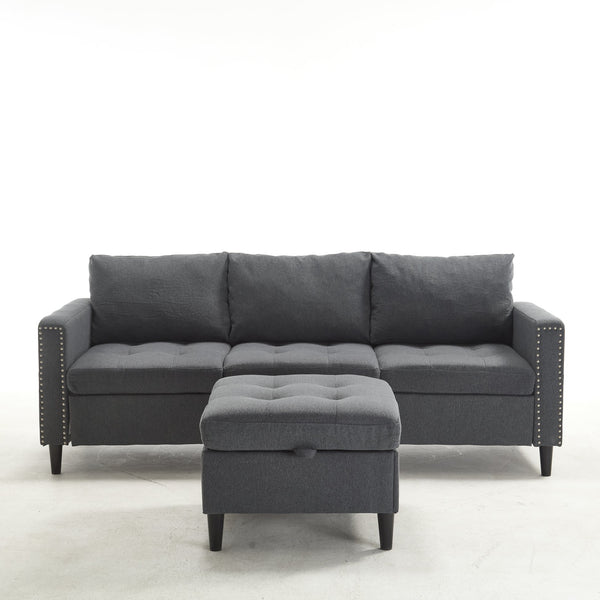 English Elm Small L-Shaped Sofa with Storage Ottoman and Side Pockets, Velvet 3-Seat Space-Saving Couch Dark Gray W2705P255386