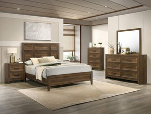 English Elm 1pc Contemporary Wooden Four Drawer Chest with Geometric Relief and Warm Brown Finish B2741P498437