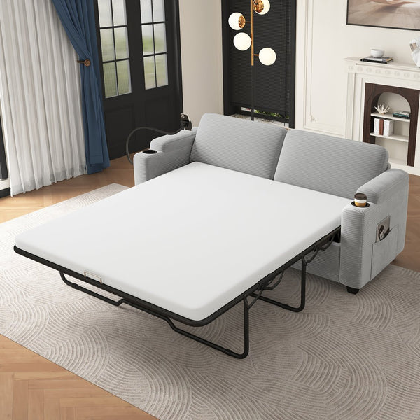 English Elm 72.8" Corduroy Sleeper Sofa Loveseat with Full Mattress, USB Charging, Cup Holders, Storage Pockets Grey N719P208880E
