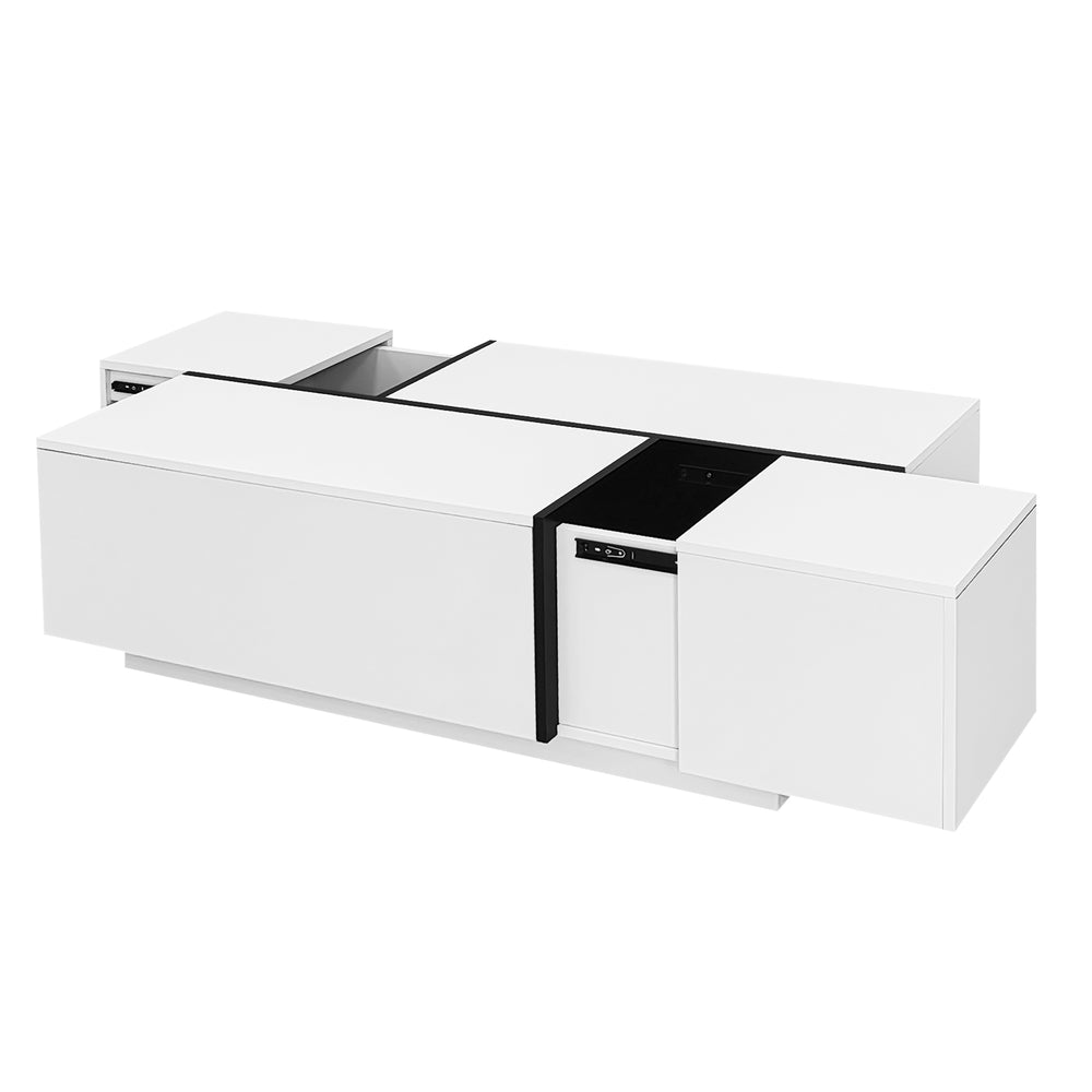 English Elm U-Can Extendable Coffee Table with Hidden Side Compartments and Dual Drawers, High-Gloss MDF Elegance White N724P292070K