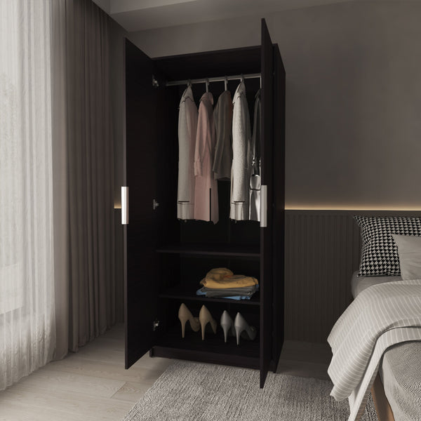 English Elm Wengue Elegant 2-Door Wardrobe with Shelves, Hanging Rod and Built-In Shoe Rack for Organized Storage B062P357520