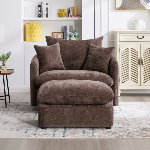 English Elm 360° 360 Swivel Oversized Chenille Armchair with Pocket Spring Seat and Three Throw Pillows Brown W1361S00090