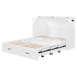 English Elm Full Size Murphy Wall Bed with Storage Drawers Usb Charging Ports and Pulley Mechanism White LP100670AAK