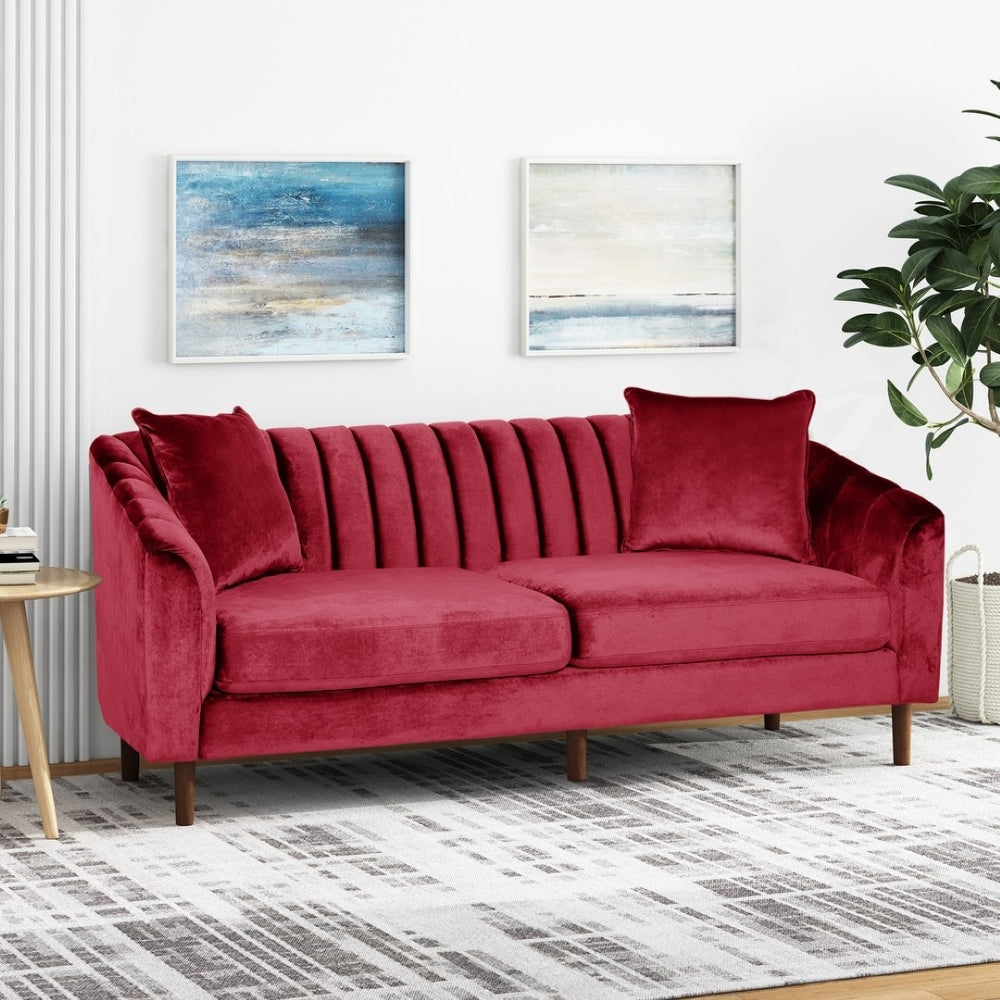 English Elm 3-seater Velvet Sofa with Button Tufting Shell Arms and Tapered Legs for Living Room Wine Red 66957.00ANVLTWINE_66957.00BNVLTWINE