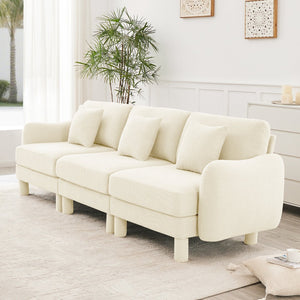 English Elm Boucle 3-Seater Sofa With Chic Shell-Shaped Armrests, Cylindrical Legs, And Plush Beige Upholstery W3041S00276