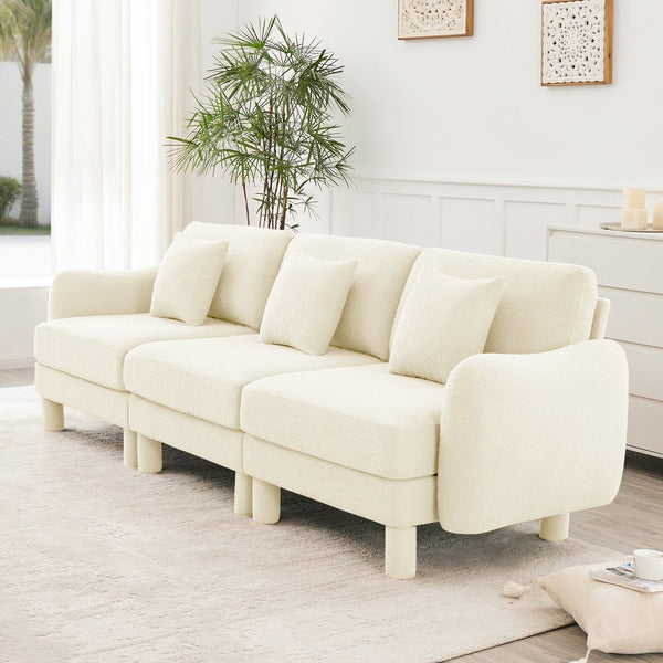 English Elm Boucle 3-Seater Sofa With Chic Shell-Shaped Armrests, Cylindrical Legs, And Plush Beige Upholstery W3041S00276