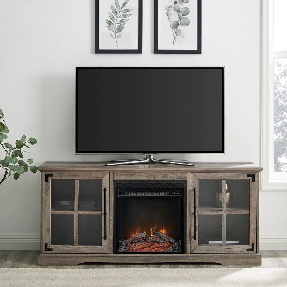 English Elm Walker Edison - Transitional Grey Wash 60" Farmhouse TV Stand with LED Electric Fireplace, 2-Glass Doors, 65" Capable B185P244239