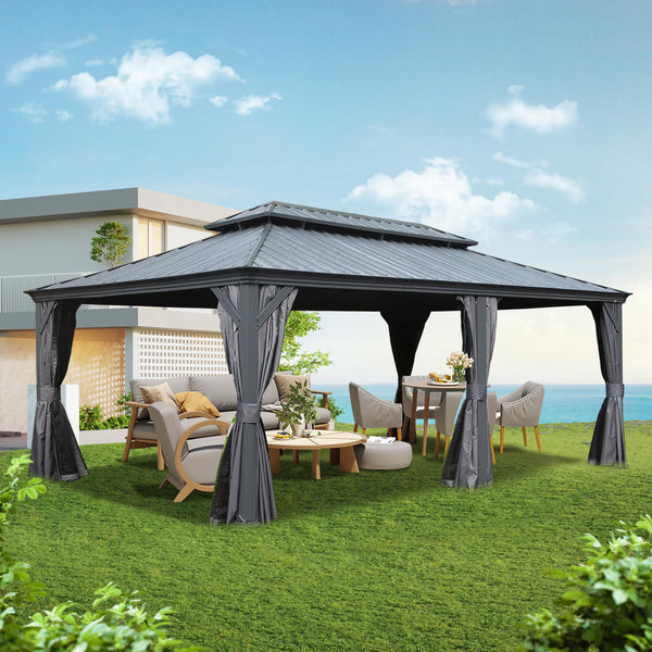 English Elm 14' X 22' Hardtop Gazebo with Drainage System, Dual-Layer Galvanized Roof, Curtains & Mesh Protection Grey W1859S00153