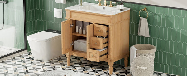 English Elm 30-inch Freestanding Bathroom Vanity Solid Wood Base Ceramic Sink Gold Hardware N729P299368N